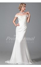 Mermaid Off The Shoulder Short Sleeve Sweep Train White 100D Chiffon Bridal Evening Gown (PRJT04-1817)