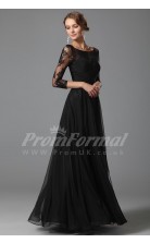 A-line Scoop 3/4 Length Sleeve Long Black Lace , Chiffon Prom Dresses(PRJT04-1858)
