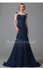Mermaid Bateau Short Sleeve Long Navy Blue Lace Prom Dresses(PRJT04-1877)