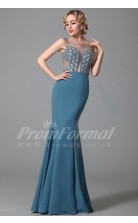 Mermaid Illusion Long Power Blue Satin Chiffon Prom Dresses(PRJT04-1878)