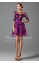 A-line Illusion Half Sleeve Short/Mini Purple Tulle ,Lace Prom Dresses(PRJT04-1890)