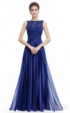 A-line Scalloped Long Medium Blue Chiffon , Lace Prom Dresses(PRJT04-1912-D)