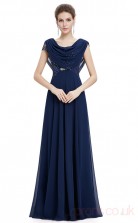 A-line Cowl Long Light Navy Silk Like Chiffon , Sequined Prom Dresses with Short Sleeves (PRJT04-1919-B)