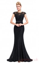 Mermaid Jewel Long Black Lace Prom Dresses with Short Sleeves (PRJT04-1958)