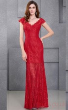Mermaid V-neck Short Sleeve Long Ruby Lace Prom Dresses with Short Sleeves (PRJT04-1984)