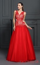 Red Lace Organza V-neck Floor-length A-line Quincenera Dress(JT2061)