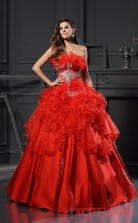 Red Charmeuse Organza Strapless Floor-length Ball Gown Quincenera Dress(JT2084)