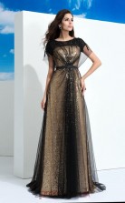 Black Lace , Sequined A-line Short Sleeve Bateau Floor-length Formal Prom Dress(JT2491)