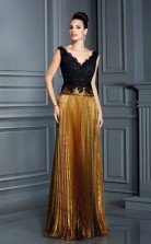 Gold Lace Organza V-neck Short Sleeve Floor-length Mermaid Evening Dress(JT2510)