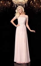 Blushing Pink Chiffon Illusion Short Sleeve Floor-length A-line Prom Dress(JT2550)