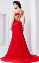 Red Chiffon Sheath/Column One Shoulder Floor-length With Split Side Evening Dresses(JT2757)
