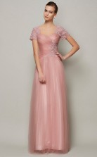 Nude Pink Tulle A-line V-neck Short Sleeve Floor-length Bridesmaid Dresses(JT2806)