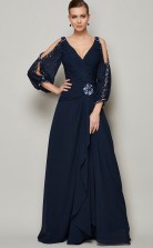 Navy Blue Chiffon A-line v-neck 3/4 Length Sleeve Floor-length Bridesmaid Dresses(JT2857)