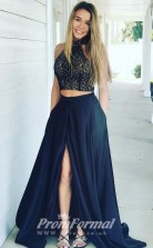 Navy Blue Halter Two Piece Lace Prom Dresses with Slit Front JT2PUK013