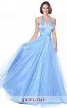 Sky Blue Tulle Stretch Satin A-line V-neck Halter Long Prom Dress(JT3556)