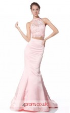 Blushing Pink Satin Chiffon Mermaid Halter Long Two Piece Prom Dress(JT3565)