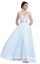 Sky Blue Lace Chiffon A-line V-neck Long Prom Dress(JT3604)