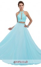 Light Blue Chiffon A-line Halter Long Two Piece Prom Dress(JT3612)