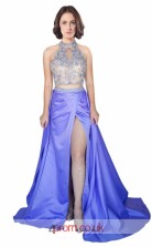 Dark Leavender Charmeuse A-line Halter Long Two Piece Prom Dress With Split Front(JT3620)