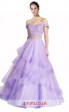 Lilac Tulle Lace A-line Off The Shoulder Short Sleeve Floor Length Two Piece Prom Dress(JT3636)