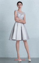 Silver Satin Lace A-line Scalloped Short Sleeve Knee-length Prom Dress(JT3653)