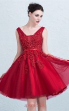 Burgundy Tulle Lace A-line Straps Short Sleeve Short/Mini Prom Dress(JT3655)