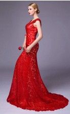 Red Lace Mermaid V-neck Short Sleeve Floor Length Prom Dress(JT3672)
