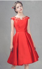 Red Satin A-line Scoop Short Sleeve Short/Mini Junior Prom Dress(JT3691)