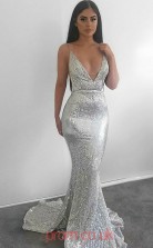 Silver Sequined V-neck Trumpet/Mermaid Long Sex Prom Dress(JT3720)