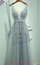 Light Blue Tulle Lace V-neck A-line Long Celebrity Dress(JT3760)