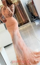 Pink Lace Bateau Long Sleeve Trumpet/Mermaid Long Celebrity Dress(JT3773)