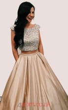 Champange Lace Stretch Satin Scoop Short Sleeve A-line Long Two Piece Prom Dress(JT3792)