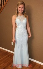 Sky Blue Tulle A-line Bateau Floor-length Prom Dress(JT3818)