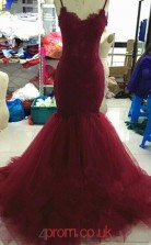 Burgundy Tulle Lace A-line Straps Sweep Train Prom Dress(JT3826)