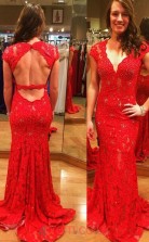 Red Lace Trumpet/Mermaid Scalloped Short Sleeve Floor-length Evening Dresses(JT3889)
