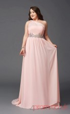 A-line Blushing Pink Satin Chiffon One Shoulder Sleeveless Floor-length Plus Size Dress(PLJT8025)