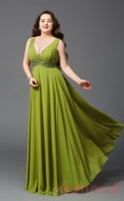 A-line Olive Drab Chiffon V-neck Sleeveless Floor-length Plus Size Dress(PLJT8036)