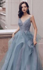 Blue Gray Lace V Neck Long Ruffles Prom Dress Organza Evening Dress  JTA0161