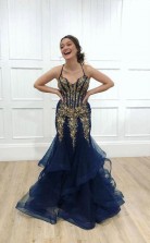 Navy Tulle Gold Beaded Spaghetti Straps Mermaid Prom Dress  JTA0231