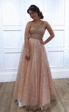 One Shoulder Sparkly Sequin Tulle A Line Long Prom Evening Dress JTA0241