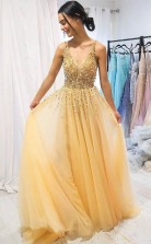 A Line V neck Yellow Sparkly Long Prom Dress Gorgeous Formal Dress JTA0261