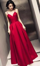 Dark Red Straps Beautiful Satin Simple Prom Formal Dress JTA0281
