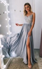 A Line Spaghetti Straps Long Gray Prom Party Dress with Lace Sequins JTA0291