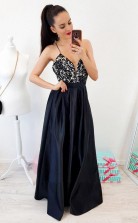A Line Spaghetti Straps Backless Floor-Length Black Prom Dress with Lace  JTA0401
