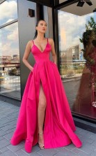 A Line V Neck Gray Red Pink Satin Split Prom Formal Dress  JTA0451