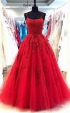 Red Spaghetti Straps Tulle Lace Appliques Evening Dress Long Prom Dress JTA0481