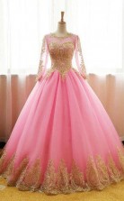 Ball Gowns Scoop Pink Tulle Applique Modest Long Prom Formal Dress  JTA0611