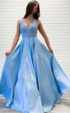 A Line V neck Lace Long Prom Dress Blue Evening Party Dress JTA0661