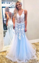 Mermaid V Neck Sky Blue Prom Dress with Lace Appliques JTA0841
