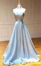 Simple Light Blue Satin Strapless Long A Line Prom Dress  JTA0991